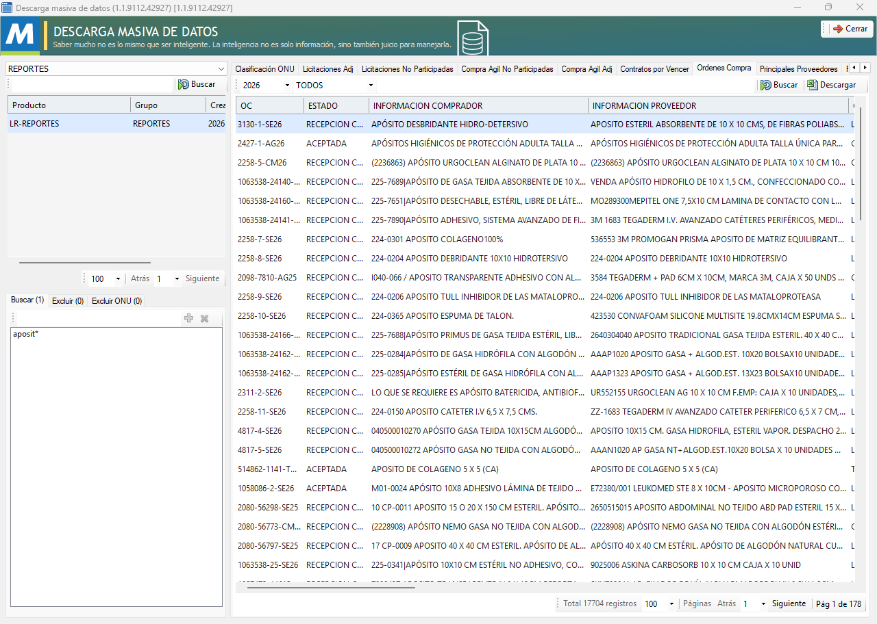 Pantalla de Descarga masiva de datos de Masnet: órdenes de compra de 2026 que contienen «apósito», con estado, descripción del comprador y del proveedor, y pestañas para licitaciones adjudicadas y no participadas, Compra Ágil, contratos por vencer y principales proveedores.