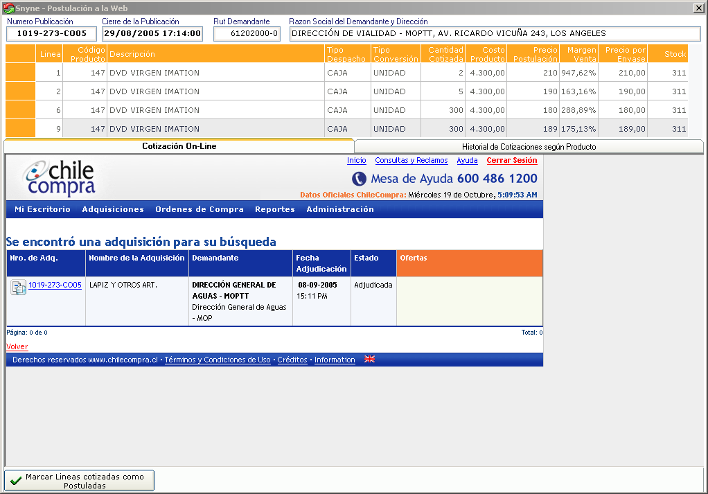 Pantalla de postulación a la web de Synap en octubre de 2005: arriba, las líneas de la licitación 1019-273-CO05 de la Dirección de Vialidad con el producto de la empresa; abajo, chilecompra.cl abierto dentro de la aplicación, con su menú de escritorio, adquisiciones, órdenes de compra y reportes.