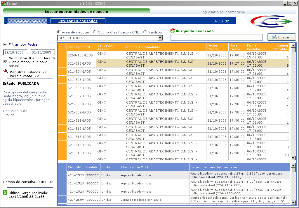 Pantalla de Synap 1.0.64 en octubre de 2005: licitaciones de la Central de Abastecimiento (CENABAST) filtradas por el área de negocio «Desechables», con fecha de cierre y líneas cotizables, y debajo las líneas de la licitación seleccionada con su código ONU, cantidad y especificación.