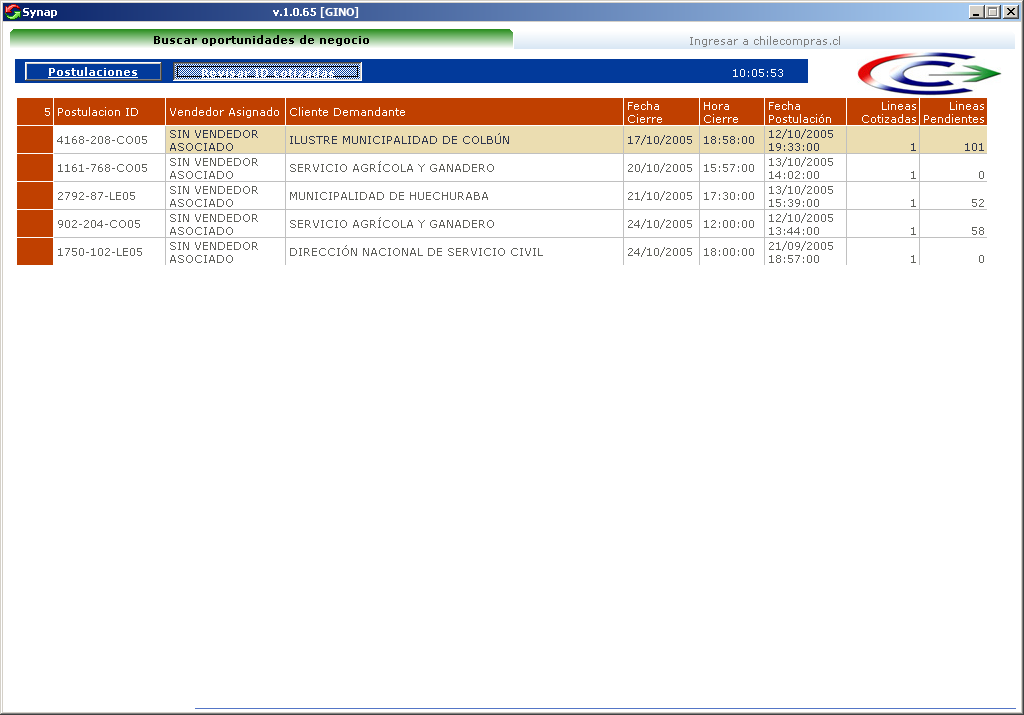 Pantalla de Synap 1.0.65 en octubre de 2005: cinco licitaciones sin vendedor asignado, de la Municipalidad de Colbún, el Servicio Agrícola y Ganadero, la Municipalidad de Huechuraba y la Dirección Nacional del Servicio Civil, con fecha de cierre, líneas cotizadas y líneas pendientes.