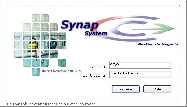 Pantalla de acceso de Synap System, «Gestión de negocio», con usuario y contraseña; al pie, «Usersoft technology 2001-2005» y «Usersoft Ltda. copyright».