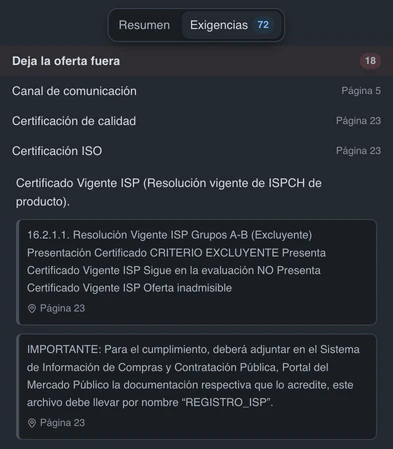 Panel de exigencias de las bases de la misma licitación: «Deja la oferta fuera», con la certificación ISO exigida, el texto de las bases y su página.