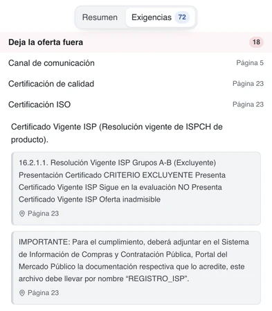 Panel de exigencias de las bases de la misma licitación: «Deja la oferta fuera», con la certificación ISO exigida, el texto de las bases y su página.