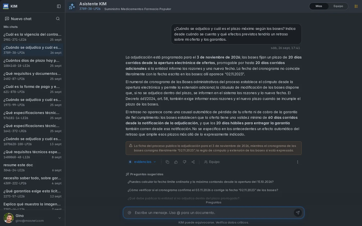 Conversaciones de KIM agrupadas por licitación.