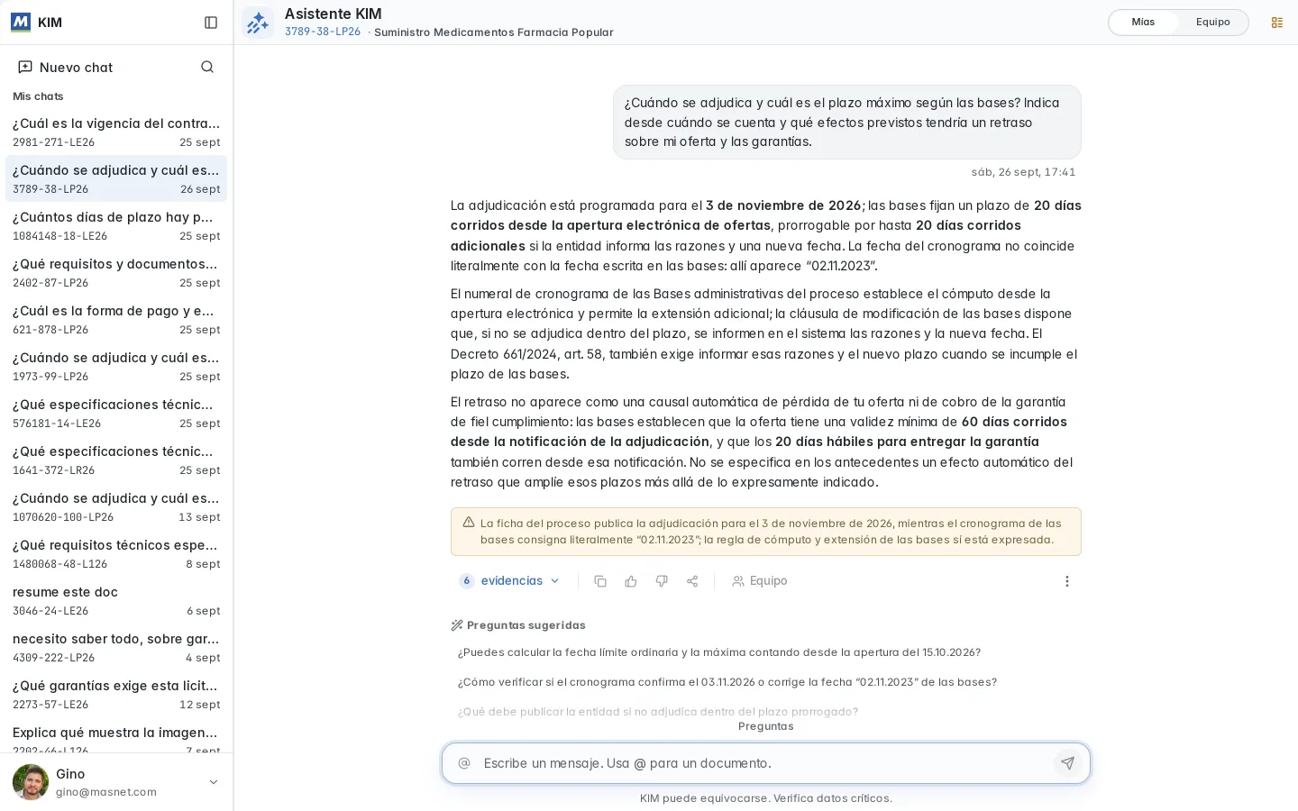 Conversaciones de KIM agrupadas por licitación.