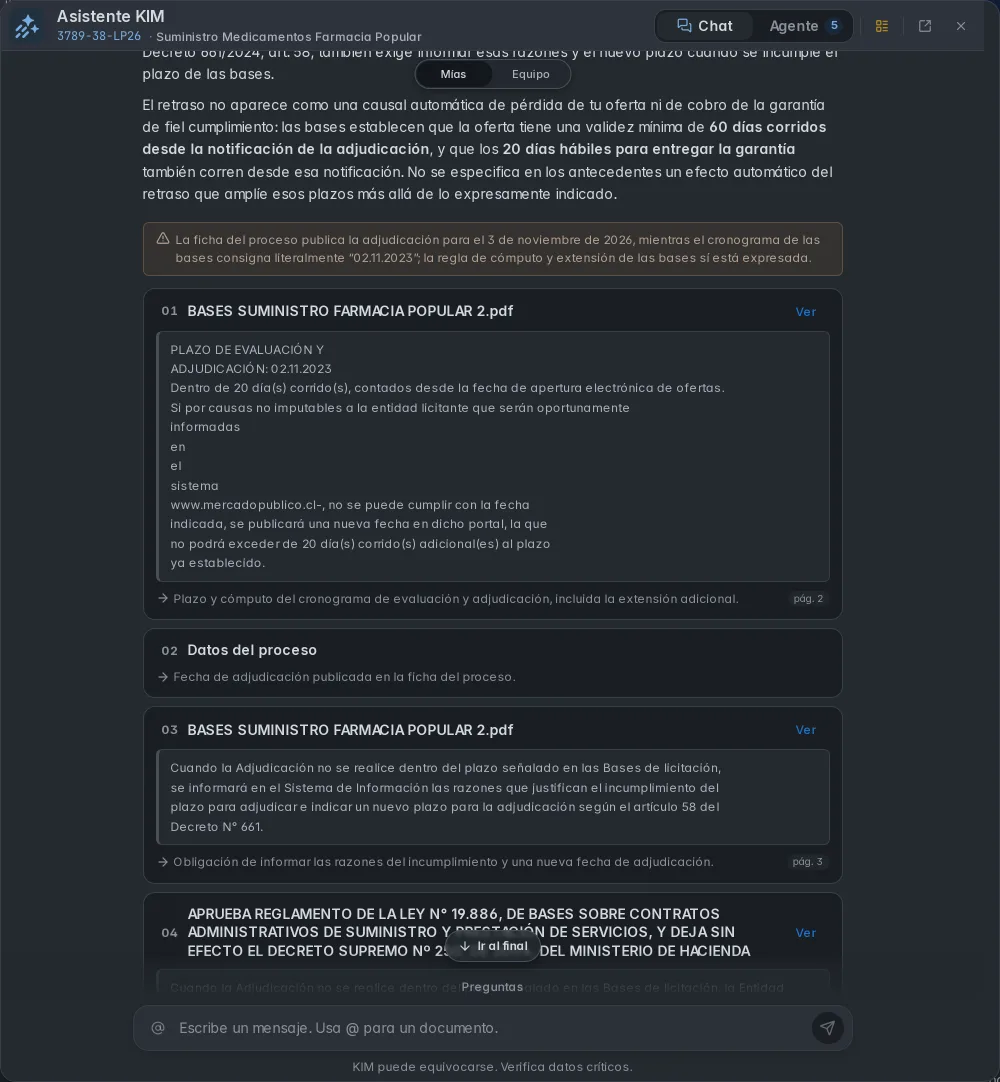 Asistente KIM sobre 3789-38-LP26: el final de una respuesta y sus evidencias, con el pasaje de las bases y su página.