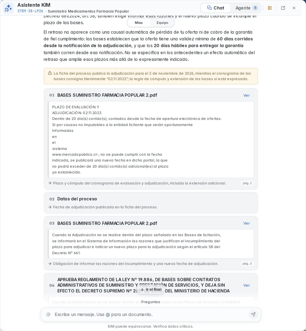 Asistente KIM sobre 3789-38-LP26: el final de una respuesta y sus evidencias, con el pasaje de las bases y su página.