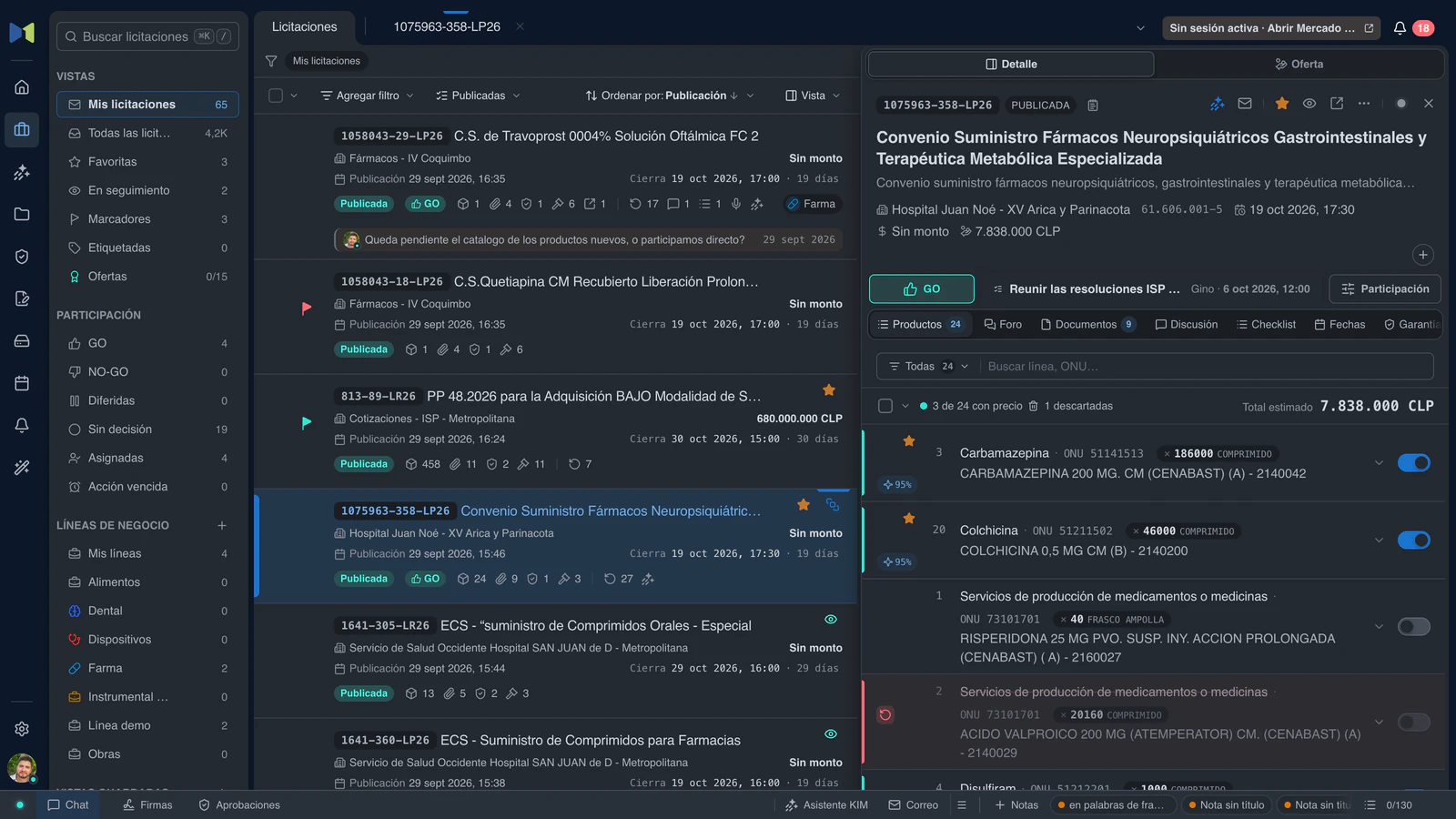 Captura real de Masnet: la bandeja de licitaciones y, a la derecha, la ficha de 1075963-358-LP26, con sus 24 líneas de productos, el porcentaje de similitud de cada una con lo que vende la empresa y dos descartadas con su motivo.