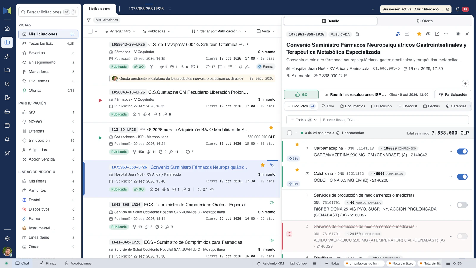Captura real de Masnet: la bandeja de licitaciones y, a la derecha, la ficha de 1075963-358-LP26, con sus 24 líneas de productos, el porcentaje de similitud de cada una con lo que vende la empresa y dos descartadas con su motivo.