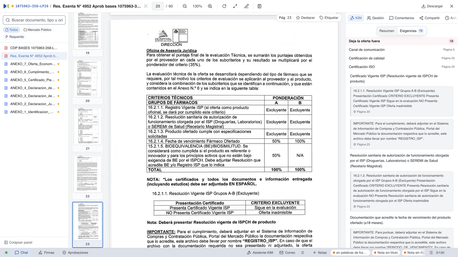 Visor de Masnet con las bases de 1075963-358-LP26 abiertas en la página 23 y, a la derecha, las exigencias agrupadas por consecuencia.
