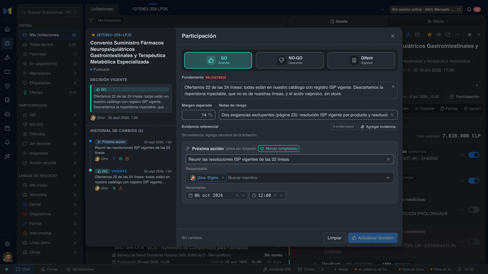 Participación de 1075963-358-LP26: la decisión GO con su fundamento, el margen esperado, las notas de riesgo, la próxima acción y el historial de cambios.