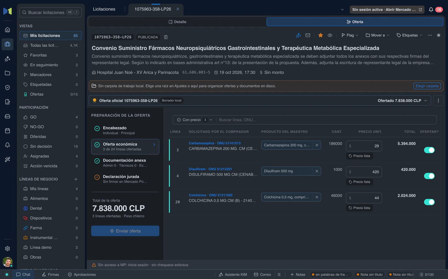 Oferta económica de 1075963-358-LP26 en borrador: tres líneas con su producto del catálogo, su precio unitario y el total, sin enviar.